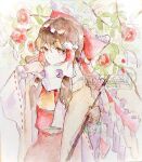  1girl absurdres artist_name ascot bow brown_eyes brown_gloves brown_hair commentary_request detached_sleeves flower frilled_bow frilled_hair_tubes frills gloves gohei hair_bow hair_tubes hakurei_reimu highres holding holding_gohei long_hair navybluesparrow painting_(medium) red_bow red_flower red_skirt ribbon-trimmed_sleeves ribbon_trim skirt skirt_set solo touhou traditional_media watercolor_(medium) yellow_ascot 