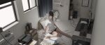  1girl 3d absurdres arm_at_side arm_support bare_legs barefoot black_hair black_shorts book bottle box brown_eyes cable cardboard_box chest_of_drawers chinese_commentary commentary computer_keyboard computer_mouse cup curtains day desk drinking_glass electrical_outlet english_text expressionless from_above full_body futon hand_on_own_thigh highres indoors laundry laundry_basket looking_at_viewer looking_to_the_side medium_hair monitor on_floor original paper parted_lips pen pile_of_books pillow shirt short_shorts short_sleeves shorts sitting solo straight_hair t-shirt vanish_(pixiv_111424881) white_shirt window window_shadow 