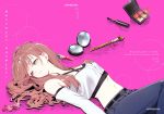  1girl ayatsumugi_roka belt black_belt blue_pants brown_hair cho_kaguya-hime! circle_name commentary_request compact_(cosmetics) content_rating cosmetics cover cover_page crack cracked_glass criss-cross_halter crop_top denim doujin_cover earrings hair_spread_out halterneck highres jeans jewelry lipstick_tube long_hair looking_to_the_side lying makeup_brush makeup_palette midriff mirror nail_polish_bottle navel off-shoulder_shirt off_shoulder on_back pants parted_lips pink_background romaji_text romi_(346_ura) shirt solo spill 
