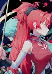  2girls absurdres armpit_crease armpit_peek back-to-back black_background black_bow blue_hair blue_sleeves bow breasts cape commentary_request cowboy_shot detached_sleeves from_side gloves hair_bow hair_ornament high_ponytail highres long_hair mahou_shoujo_madoka_magica mahou_shoujo_madoka_magica_(anime) miki_sayaka miki_sayaka_(magical_girl) multiple_girls musical_note musical_note_hair_ornament polearm ponytail red_eyes red_hair red_shirt saber_(weapon) sakura_kyoko sakura_kyoko_(magical_girl) shirt short_hair small_breasts soul_gem spear sword weapon white_cape white_gloves white_sleeves ydpfa 