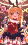  1girl absurdres animal_ear_hairband animal_ears asymmetrical_sleeves bare_shoulders black_skirt blonde_hair blurry blurry_background blush_stickers bow bowtie breasts commentary_request cowboy_shot detached_sleeves dongyang_kissoml fake_animal_ears fang frilled_skirt frills garter_straps hairband hands_up highres leotard long_hair looking_at_viewer monogatari_(series) nontraditional_playboy_bunny open_mouth oshino_shinobu parted_bangs pear-shaped_figure petite rabbit_ear_hairband rabbit_ears red_bow red_bowtie red_leotard skin_fang skirt small_breasts smile solo strapless strapless_leotard white_wrist_cuffs wide_hips wrist_cuffs yellow_eyes 