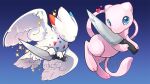  angel_wings animal_focus bird blue_eyes closed_eyes endivinity fluffy flying holding holding_knife knife mew_(pokemon) no_humans pink_fur pokemon pokemon_(creature) pokemon_focus togekiss white_wings wings 