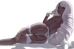  1girl ass back cup curly_hair dark-skinned_female dark_skin fishnet_thighhighs fishnets garter_straps gloves jacinthe_(pokemon) kettle long_hair looking_at_viewer looking_back lying median_furrow on_side open_mouth panties pink_eyes pink_hair pokemon pokemon_legends:_z-a simple_background smile solo thighhighs thighs topless_female underwear very_dark_skin white_background white_garter_straps white_gloves white_panties white_thighhighs zefrableu 