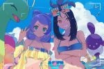  1boy 2girls alternate_costume antennae beach bikini bird black_hair blue_bikini blue_sky breasts clavell_(pokemon) cleavage clive_(pokemon) closed_eyes colored_skin crossed_arms dendra_(pokemon) eyewear_on_head flower frilled_bikini frills green_eyes green_skin grin highres hsin large_breasts long_hair long_neck looking_at_viewer luvdisc medicham meganium miriam_(pokemon) multiple_girls orange_eyes pink_flower pokemon pokemon_scarlet_and_violet ponytail purple_hair sauropod sidelocks sky smile swimsuit v water wattrel yellow_bikini 