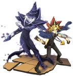  2boys belt black_belt black_hair black_pants black_shirt black_shoes blonde_hair card closed_mouth commentary_request dark_magician duel_disk duel_monster fingernails full_body gecco_knight holding holding_card holding_staff looking_at_viewer male_focus multicolored_hair multiple_boys pants purple_nails red_hair shirt shoes smile spiked_hair staff v-shaped_eyebrows white_background white_hair yami_yugi yu-gi-oh! 