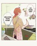  1boy absurdres ahoge apron chaldea_no_mono cooking fate/grand_order fate_(series) floral_print floral_print_apron from_behind highres low_ponytail male_focus orange_hair out_of_frame ponytail saucepan sleeves_rolled_up user_xzew2344 