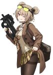  1girl brown_hair brown_jacket brown_necktie bullpup clothes_lift commentary_request double_bun eyewear_on_head fn_p90 girls'_frontline girls'_frontline_2:_exilium gun hair_bun heart highres jacket loose_necktie mityl_(girls'_frontline_2) nail_polish nanju_bami necktie p90_(girls'_frontline) panties panties_under_pantyhose pantyhose plaid_clothes plaid_skirt short_hair simple_background skirt skirt_lift solo submachine_gun sunglasses thighband_pantyhose underwear weapon yellow_nails 