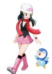  1girl :d beanie black_hair black_shirt black_socks boots commentary dawn_(pokemon) hair_ornament hairclip hat highres kneehighs knees long_hair looking_down open_mouth pink_boots pink_skirt piplup pokemon pokemon_(creature) pokemon_diamond/pearl/platinum poketch red_scarf scarf shirt sidelocks silverstars136 simple_background skirt sleeveless sleeveless_shirt smile socks standing watch white_background white_hat wristwatch 