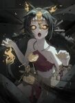  1girl absurdres animal_ears backlighting bare_shoulders beads black_hair black_sclera bracelet braid cat_ears cat_girl cat_tail claw_pose collarbone colored_sclera commentary_request fang fingernails fire hair_ornament hands_up highres jewelry k_hottok long_hair looking_at_viewer midriff navel necklace open_mouth sharp_fingernails solo tail twin_braids xingshen_(xinyue_tongxing) xinyue_tongxing yellow_eyes 