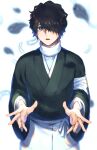  1boy atau_rindou black_feathers black_hair black_kimono bleach bleach:_epilogue commentary_request cowboy_shot eyebrows_hidden_by_hair falling_feathers feathers green_eyes hair_over_one_eye japanese_clothes kimono long_bangs long_sleeves looking_at_viewer male_focus mole mole_under_eye one_eye_covered open_mouth outstretched_hand short_hair simple_background solo soraao0322 wavy_hair white_background white_feathers wide_sleeves 
