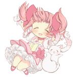  1girl :d absurdres chibi closed_eyes commentary_request full_body gloves highres hitode kaname_madoka kaname_madoka_(magical_girl) kyubey magical_girl mahou_shoujo_madoka_magica mahou_shoujo_madoka_magica_(anime) open_mouth pink_hair pink_shoes shoes short_twintails simple_background smile socks twintails white_background white_gloves white_socks 
