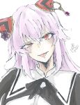 1girl 490_(shigshig0) assault_lily black_ribbon blush commentary cropped_jacket crossed_bangs endou_araya fang hair_between_eyes hairpods half-closed_eye head_tilt highres long_hair looking_at_viewer neck_ribbon parted_lips pink_hair portrait red_eyes ribbon school_uniform shirt simple_background slit_pupils smile solo tongue tongue_out uneven_eyes white_background white_shirt yurigaoka_girls_academy_school_uniform 