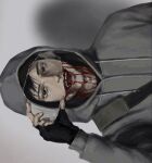  1boy black_eyes black_gloves bleeding blood blood_on_face commentary crazy_grin crazy_smile cry_of_fear deadpan dual_persona fingerless_gloves glass_shard gloves grey_hoodie grin holding_glass_shard hood hood_up hoodie loleejea looking_at_viewer male_focus painterly realistic sideways simon_henriksson simon_henriksson_(book) smile solo upper_body 