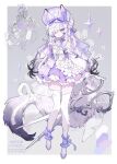  1girl animal_ears bonnet bow closed_mouth commentary_request flower_ornament hair_ornament hand_on_own_chest highres holding holding_scissors lolita_fashion long_hair multicolored_hair natsuiro_xx original purple_bow purple_eyes scissors serious tail thighhighs veil white_thighhighs 