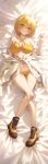  1girl absurdres bikini blonde_hair blush boots breasts brown_boots cleavage commentary don_quixote_(project_moon) highres limbus_company looking_at_viewer navel oranberry_1018 project_moon robe short_hair solo swimsuit white_robe yellow_bikini 