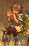  1girl :p animal bag bench bird black_pantyhose blush boots brown-eared_bulbul brown_boots brown_hair burger cloneko_(zelmeledf2) closed_mouth commentary_request eating eyes_visible_through_hair food food_on_hand food_wrapper full_body green_eyes green_jacket hair_between_eyes hands_up holding holding_burger holding_food hood hood_down hooded_jacket jacket knees_together_feet_apart lace-up_boots layered_clothes licking licking_finger light_blush long_hair no_nose no_pupils nose_blush on_bench original outdoors pantyhose pantyhose_under_shorts paper_bag pavement running_bond shade shoelaces shorts sidelighting sitting sleeves_pushed_up solo steam sunlight tongue tongue_out turtleneck wooden_bench yellow_shorts zipper zipper_pull_tab 