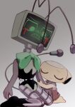  2girls arm_hug arms_at_sides bare_arms bare_legs bare_shoulders barefoot blood blood_from_eyes bow bowtie brown_dress brown_shirt clenched_teeth closed_eyes closed_mouth commentary crying crying_with_eyes_open dandy's_world dress fewer_digits film_grain full_body furrowed_brow green_bow green_bowtie green_eyes grey_background grid_teeth height_difference highres humanoid_robot k2s2kv kneeling knees_together_feet_apart liquid looking_at_another looking_down mechanical_arms mechanical_neck multiple_girls no_nose object_head radio_antenna raised_inner_eyebrows roblox robot shell shelly_(dandy's_world) shirt short_dress simple_background single_eyebrow sitting sleeveless sleeveless_dress sleeveless_shirt smile tall_female tears teeth television traditional_bowtie twisted_vee_(dandy's_world) u_u untranslatable_commentary v-shaped_eyebrows vee_(dandy's_world) 