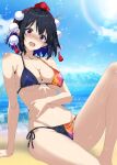  1girl alternate_costume beach bikini black_bikini blue_sky blush breasts cleavage cloud commentary_request day halterneck hat highres kitaura_kasumi large_breasts lens_flare looking_at_viewer medium_hair missing_wings multicolored_bikini navel ocean open_mouth orange_bikini outdoors pointy_ears pom_pom_(clothes) red_eyes red_hat shameimaru_aya side-tie_bikini_bottom sitting sky smile solo stomach string_bikini swimsuit tokin_hat touhou triangle_bikini_top water wet wet_hair 