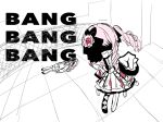  2others akiyama_mizuki asymmetrical_footwear bang_bang_bang_(bbpanzu) cardigan dress drill_hair drill_ponytail drill_sidelocks dual_persona english_text flower frilled_dress frills full_body hand_on_own_hip high_side_ponytail indoors kamiyama_high_school_uniform_(project_sekai) keikyoku_no_machi_wa_doko_e_(project_sekai) long_hair long_sidelocks long_sleeves lying miniskirt multiple_others official_alternate_costume official_alternate_hairstyle oibore_bba on_side open_mouth other_focus partially_colored pink_hair pointing pointing_at_viewer ponytail project_sekai red_flower red_rose rooftop rose school_uniform side_ponytail sidelocks skirt standing thighhighs wide_sleeves 