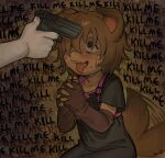  1girl 1other @_@ animal_ears black_shirt blush brown_hair chest_harness cowboy_shot dog_ears dog_girl dog_tail fang fingerless_gloves gloves gun gun_to_head hair_over_one_eye harness highres holding holding_gun holding_weapon imminent_death my_name_is_your_choice open_mouth original own_hands_together saliva shirt short_hair snugglepuff28 sweatdrop tail tears tongue tongue_out weapon wiggling 