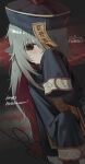  1girl absurdres animal_ears black_dress black_eyes blush chinese_clothes dress fish_girl grey_hair halloween happy_halloween hat highres jiangshi k_hottok long_hair long_sleeves looking_at_viewer multicolored_hair ofuda original qingdai_guanmao signature sleeves_past_fingers sleeves_past_wrists solo sweat thank_you 
