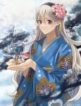 1girl absurdres alternate_costume artist_name black_hairband blue_kimono closed_mouth commentary commission corrin_(dragon)_(fire_emblem) english_commentary female_corrin_(fire_emblem) fire_emblem fire_emblem_fates floral_print floral_print_kimono flower grey_hair hair_between_eyes hair_flaps hair_flower hair_ornament hairband highres iro_saki japanese_clothes kimono long_hair looking_at_viewer pointy_ears print_kimono red_eyes second-party_source smile solo standing twitter_username very_long_hair watermark 