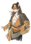  1boy abs animal_ears arknights bara beard claws commentary facial_hair furry furry_male headband highres huai_tianpei_(arknights) looking_at_viewer male_focus muscular muscular_male pectorals tiger_boy tiger_ears tiger_stripes user_jpja8535 white_background yellow_headband 