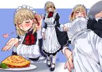  1girl 54kmlikeuniform absurdres alternate_costume apron artist_name black_dress blonde_hair blowing_kiss blue_background blush border breasts closed_eyes clothes_lift commentary dated dress dress_lift dungeon_meshi egg_(food) english_commentary enmaided eyelashes falin_touden food from_below hand_on_own_hip heart highres holding holding_plate large_breasts long_dress long_sleeves maid maid_apron maid_headdress multiple_views omelet omurice open_mouth plate puckered_lips red_ribbon ribbon short_hair simple_background sitting smile standing upper_body white_apron white_border white_wrist_cuffs wrist_cuffs yellow_eyes 