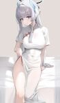  1girl alternate_costume blue_archive blunt_bangs breasts china_dress chinese_clothes closed_mouth clothes_lift commentary_request covered_navel dress dress_lift eyelashes grey_hair groin hair_intakes hair_ornament halo highres large_breasts lifting_own_clothes long_hair looking_at_viewer mechanical_halo no_panties noa_(blue_archive) official_alternate_costume on_bed purple_eyes ryouta_(ryouta335) see-through_clothes short_sleeves side_slit simple_background sitting smile solo split_mouth straight_hair thighs very_long_hair white_dress 