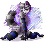  2021 anthro armwear azzy_the_trash_panda bedroom_eyes clawed_fingers clawed_toes claws clothing ear_piercing elbow_gloves fur gloves grey_body grey_fur handwear hi_res inner_ear_fluff legwear licking male mammal narrowed_eyes pawpads paws piercing procyonid purple_body purple_eyes purple_fur raccoon raccoon_tail rinkamo seductive solo stockings teeth tongue tongue_out tuft white_body 