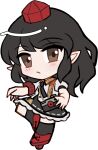  1girl black_bow black_bowtie black_hair black_skirt black_socks black_wings blush bow bowtie brown_eyes camera chibi chibi_only closed_mouth collared_shirt feathered_wings frilled_skirt frills full_body geta hat holding holding_camera holding_notebook looking_at_viewer mirei_(miirei) notebook pom_pom_(clothes) red_hat red_shoes shameimaru_aya shirt shoes short_hair short_sleeves sidelocks simple_background skirt socks solo standing tengu-geta touhou transparent_background white_shirt wings 