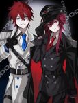  2boys adjusting_clothes adjusting_headwear aegyo_sal amagi_rinne belt belt_buckle black_belt black_coat black_gloves black_hat black_pants blue_eyes blue_necktie buckle chain closed_mouth coat coat_on_shoulders commentary_request cowboy_shot ensemble_stars! epaulettes gloves grey_pants grin hair_between_eyes hat highres layered_sleeves long_sleeves looking_at_viewer madoka_nozomi male_focus multiple_boys necktie pants peaked_cap pink_eyes ponytail purple_hair qi_(fish_s_1) red_hair red_necktie shirt short_hair shoulder_belt smile two-sided_coat two-sided_fabric v white_coat white_shirt 