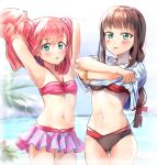  2girls absurdres armpits arms_up ass_visible_through_thighs beach bikini bikini_skirt black_bikini blush bracelet breasts commentary_request day green_eyes hair_between_eyes hair_ribbon highres hip_focus jewelry kurosawa_dia kurosawa_ruby large_breasts long_hair looking_at_viewer love_live! love_live!_sunshine!! medium_hair mole mole_under_mouth multiple_girls navel nose ocean open_mouth outdoors pink_bikini plant red_hair red_ribbon ribbon shaka_(staito0515) shirt short_twintails sidelocks skirt sky small_breasts sparkle standing string_bikini swimsuit thigh_gap tree twintails undressing water white_shirt 