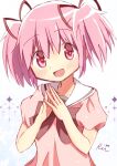  1girl :d blue_background blush bow bowtie collarbone commentary crescent_0039 dress gradient_background hair_between_eyes hair_ribbon kaname_madoka looking_at_viewer mahou_shoujo_madoka_magica mahou_shoujo_madoka_magica_(anime) open_mouth pink_dress pink_eyes pink_hair red_bow red_bowtie red_ribbon ribbon sailor_collar sailor_dress short_hair short_sleeves short_twintails sidelocks signature smile solo sparkle steepled_fingers twintails upper_body white_sailor_collar 