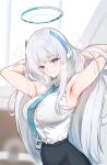  1girl armpit_focus armpits arms_behind_head blue_archive blue_necktie breasts febaj2 halo hands_in_own_hair headgear highres id_card long_hair looking_at_viewer mechanical_halo necktie noa_(blue_archive) presenting_own_armpit purple_eyes shirt sleeveless sleeveless_shirt smile solo sweat sweaty_armpits white_hair white_halo white_shirt 