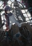  1boy absurdres blood blood_on_clothes blood_on_face blue_eyes blue_hair blue_scarf brown_pants commentary_request flower glock gun handgun highres hitobashira_alice_(vocaloid) indoors k_hottok kaito_(vocaloid) knife long_sleeves looking_at_viewer male_focus pants parted_lips plant red_flower ribs rose scarf shirt short_hair sitting skeleton solo vocaloid weapon white_shirt window 