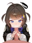  1boy 1girl absurdres ahoge blue_eyes brown_hair commentary_request erection fellatio grabbing_another's_penis hair_ornament hairclip hetero highres kasarin korean_commentary long_sleeves looking_at_viewer oral original penis pov simple_background solo_focus stray_pubic_hair uncensored white_background 