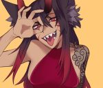  arm_tattoo asian_mythology demon east_asian_mythology female horn humanoid japanese_mythology mythology oni oniiyanna red_eyes sharp_teeth solo tan_body tan_skin tattoo teeth yōkai 