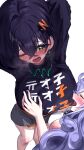  2girls ahoge alternate_breast_size_(larger) arms_up bare_shoulders belle_(zenless_zone_zero) black_shirt blue_hair blush breasts closed_eyes commentary_request eoum grabbing_another's_breast green_eyes groping hair_between_eyes highres jewelry licking licking_nipple long_hair looking_at_another mole mole_under_eye multicolored_hair multiple_girls necklace nipple_stimulation open_mouth purple_hair shirt short_hair simple_background skirt tongue tongue_out vivian_banshee white_background yuri zenless_zone_zero 