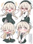  1girl aged_down alternate_breast_size_(smaller) blue_archive blush braid chibi chibi_only collared_shirt commentary_request diagonal-striped_clothes diagonal-striped_necktie dress flower_halo flying_sweatdrops green_dress green_halo green_hat grey_pantyhose halo hat highres karupa_(karupapon) long_hair low_twin_braids miyo_(blue_archive) miyo_(young)_(blue_archive) necktie open_mouth pantyhose pinafore_dress prototype_design shaded_face shirt simple_background sleeveless sleeveless_dress striped_clothes striped_necktie sweatdrop tears translated twin_braids white_background white_shirt zzz 