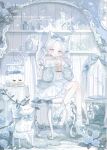  1girl animal animal_ears bare_shoulders bird birdcage blue_bird blue_bow blue_choker blue_dress blue_eyes blue_flower blue_hair blue_jacket blue_nails blue_rose blue_slippers blue_theme blush bottle bow braid building bush cage cake cake_slice cat cat_ears chair choker commentary_request cup cupcake curtained_hair dot_nose dress drinking drinking_straw drinking_straw_in_mouth fingernails flower food footwear_bow forehead frilled_dress frills full_body grass hair_bow hair_intakes heart heart-shaped_food highres holding holding_cup inaba_0717 jacket jacket_partially_removed long_hair long_sleeves looking_at_viewer macaron mirror on_chair original parted_bangs perfume_bottle plant puffy_long_sleeves puffy_sleeves rose round_table sample_watermark short_dress sitting slippers smoothie solo spaghetti_strap table tablecloth teapot tiered_tray toy_house twin_braids twitter_username vines watermark white_headdress 