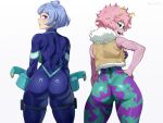  2girls ashido_mina ass back bare_shoulders black_sclera blue_bodysuit blue_eyes blue_hair blush bodysuit boku_no_hero_academia breasts colored_sclera colored_skin cowboy_shot cropped_vest fur_trim green_bodysuit hado_nejire hand_on_own_hip highres horns large_breasts looking_at_viewer looking_back mask mendo0821 multiple_girls open_mouth pink_hair pink_skin pouch purple_bodysuit ring_light_reflection short_hair shoulder_blades skin_tight smile thigh_pouch thigh_strap thighs toned toned_female unitard vest white_background yellow_eyes yellow_vest 