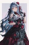  1girl absurdres arm_under_breasts bang_dream! bang_dream!_it's_mygo!!!!! black_bow black_dress black_gloves black_sleeves blue_hair blush bow breasts cleavage_cutout closed_mouth clothing_cutout corset cowboy_shot dress dress_bow flower frilled_dress frilled_gloves frilled_sleeves frills gloves hair_flower hair_ornament highres layered_dress long_dress long_hair looking_at_viewer orange_eyes petticoat red_dress red_flower shoulder_cutout solo standing togawa_sakiko umie_(iowae) 