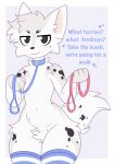 2026 anthro bdsm black_body black_eyebrows black_eyes black_fur black_markings black_nose black_spots blue_clothing blue_collar blue_leash blue_legwear blue_text blush blush_lines border cat_smile cheek_tuft closed_smile clothing collar crotch_tuft domestic_cat english_text eyebrows facial_tuft felid feline felis femboy fur hair heart_symbol hi_res holding_leash holding_object leash leashed_collar legwear looking_at_viewer male mammal markings mouth_closed narrowed_eyes navel neck_tuft ohalphabetboyy pattern_clothing pattern_legwear pattern_thigh_highs petplay pink_leash question roleplay simple_background smile smug smug_face smug_grin solo spots spotted_markings standing striped_clothing striped_legwear striped_thigh_highs stripes tail text thigh_highs tuft white_body white_border white_fur