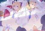  1boy 2girls animal_ear_headphones animal_ears bar_censor bed black_thighhighs blonde_hair blue_archive blue_necktie blush bottomless bow cable cat_ear_headphones cat_ears censored clothed_sex commentary_request controller dark dildo dress_shirt fake_animal_ears ffm_threesome game_controller green_bow green_eyes group_sex hair_bow half-closed_eyes haniwa_(statue) headphones hetero highres long_sleeves lying midori_(blue_archive) momoi_(blue_archive) mosaic_censoring multiple_girls navel necktie nintendo_64_controller nintendo_switch object_insertion on_back penis petite pillow pink_bow pov pov_hands pussy pussy_juice pussy_juice_trail red_eyes sex sex_toy shimaidon_(sex) shirt short_hair siblings sisters spread_legs suwakana sweat thighhighs threesome twins vaginal vaginal_object_insertion white_shirt window_shadow 