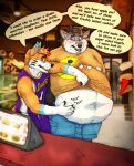  belly_overhang canid canine fox hi_res lukoi male male/male mammal overweight overweight_male patting shopping speech_bubble teasing weight_gain 