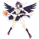  1girl absurdres black_hair black_ribbon black_skirt black_socks black_wings commentary feathered_wings frilled_skirt frills full_body geta hat highres kneehighs long_hair looking_at_viewer neck_ribbon outstretched_arms pointy_ears pom_pom_(clothes) puffy_short_sleeves puffy_sleeves red_eyes red_hat ribbon shameimaru_aya shirt short_sleeves simple_background skirt smile socks solo spread_arms tengu tengu-geta tokin_hat touhou white_background white_shirt wings zaguromaru 