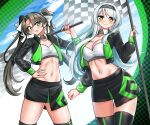  2girls absurdres bandeau black_jacket black_skirt black_thighhighs blue_sky breasts brown_eyes checkered_flag cleavage cloud cowboy_shot cropped_jacket flag flat_chest green_eyes grey_hair highres holding holding_flag jacket kantai_collection katou_shinobu long_hair matching_outfits medium_breasts midriff multicolored_skirt multiple_girls race_queen shoukaku_(kancolle) skirt sky strapless thighhighs tube_top twintails two-tone_skirt white_bandeau white_hair white_tube_top zuikaku_(kancolle) zuikaku_(race_queen)_(kancolle) 