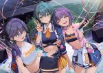  3girls :d ;d black_skirt breasts campus_mode!!_(idolmaster) cleavage clothes_around_waist collarbone commentary confetti crowd detached_collar fingernails gakuen_idolmaster hataya_misuzu highres holding holding_microphone idol_clothes idolmaster indoors jacket jacket_around_waist jacket_on_shoulders kainown kaya_rinha letterman_jacket locked_arms long_hair looking_at_another looking_at_viewer medium_breasts microphone mole mole_under_mouth multiple_girls navel necktie official_alternate_costume one_eye_closed pink_shirt ponytail shirt short_necktie short_twintails skirt smile stage stomach streamers sweat syngup!_(idolmaster) tsukimura_temari twintails v wireless_microphone wristband yellow_necktie 