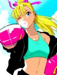  1girl aqua_sports_bra black_hoodie blonde_hair blue_eyes blue_sky boxing_gloves breasts cloud commentary_request eyebrows_hidden_by_hair gloves high_ponytail highres hood hoodie lee_(dragon_garou) light_blush light_rays lineart midriff navel one_eye_closed original pink_gloves pink_lips ponytail sky small_breasts solo sports_bra sunlight upper_body 
